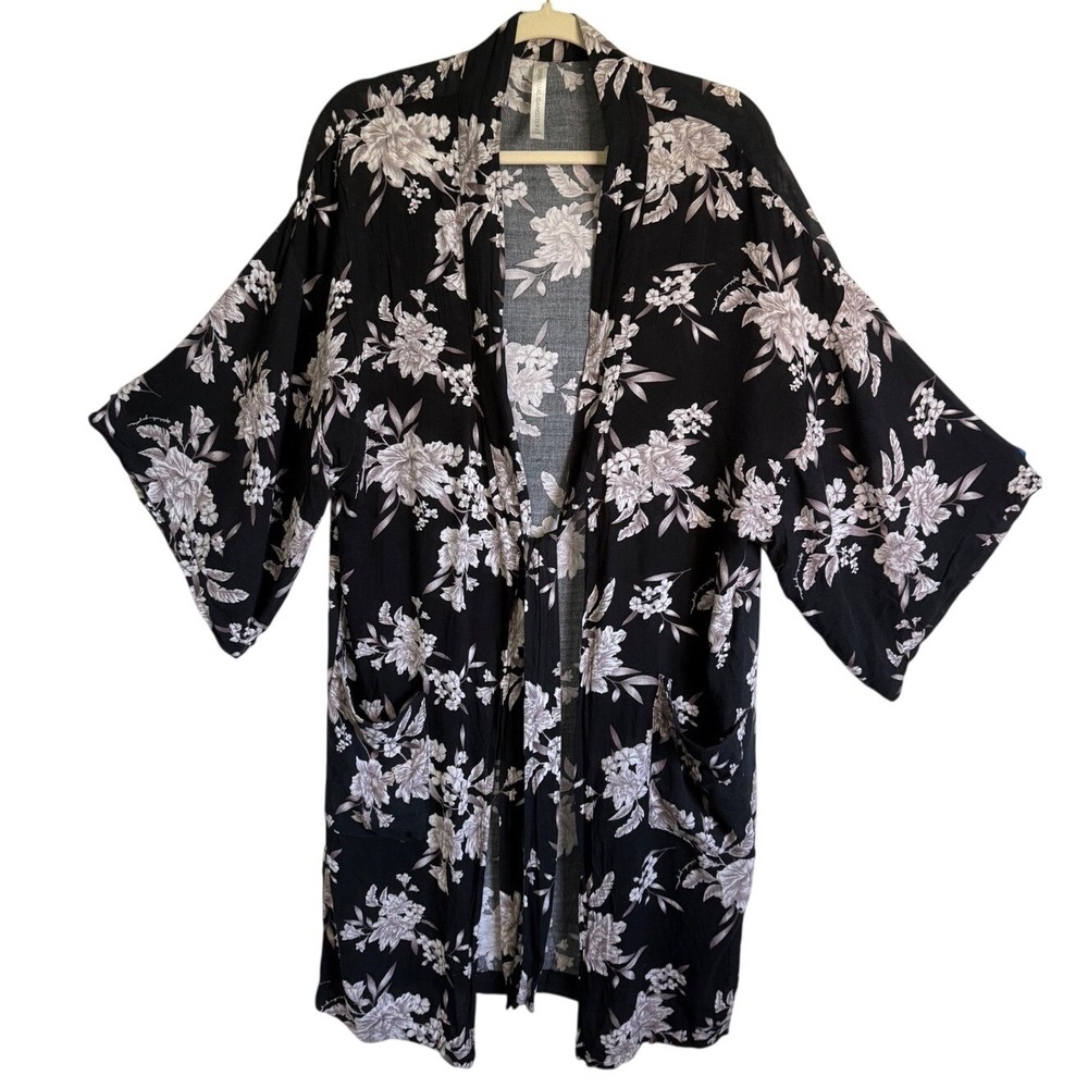 Spiritual Gangster Maya Floral Kimono Robe Duster Black OS Tie Waist Pockets